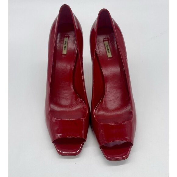 Miu Miu Red peep toe heels Sz 39.5 Patent leather Women's Shoes Party Cocktail - Picture 3 of 5